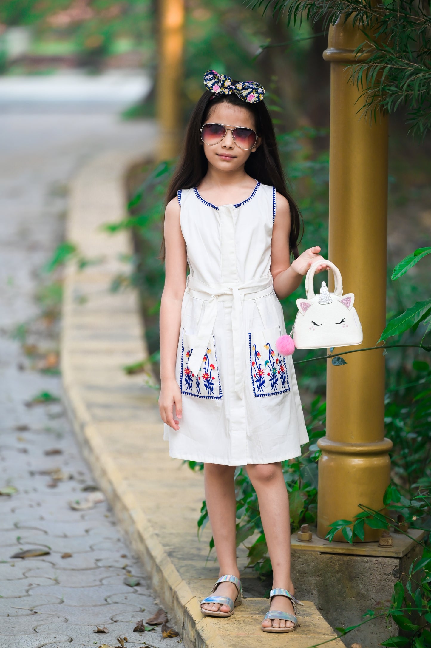 White Summer Dress with Embroidered Pockets