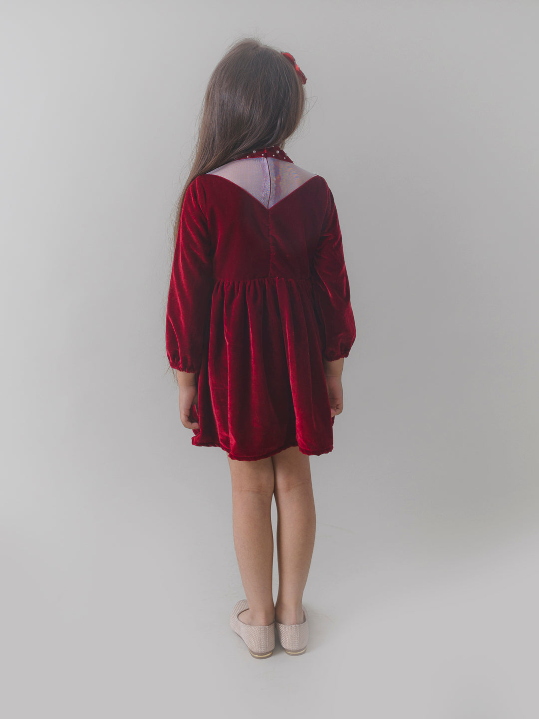 Marron Velvet Party Dress with Embellished Pearls