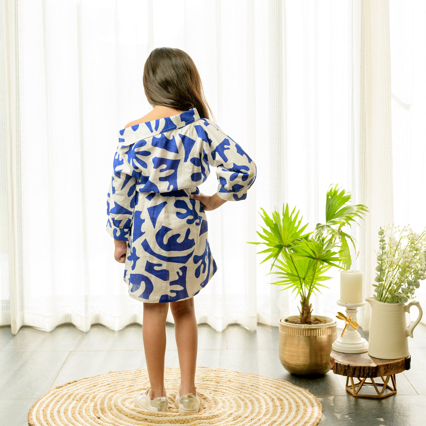 Blue And White Dress With Belt