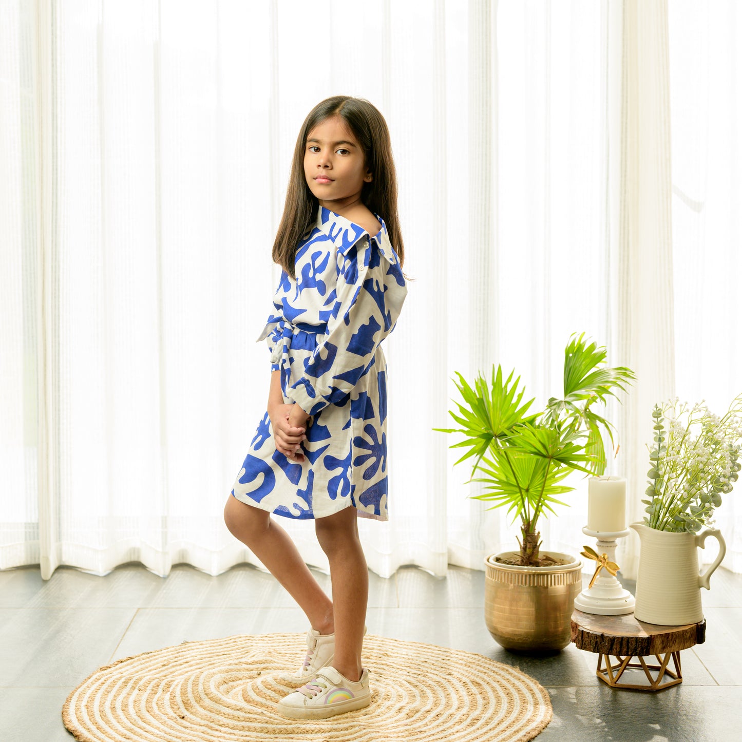 Blue And White Dress With Belt