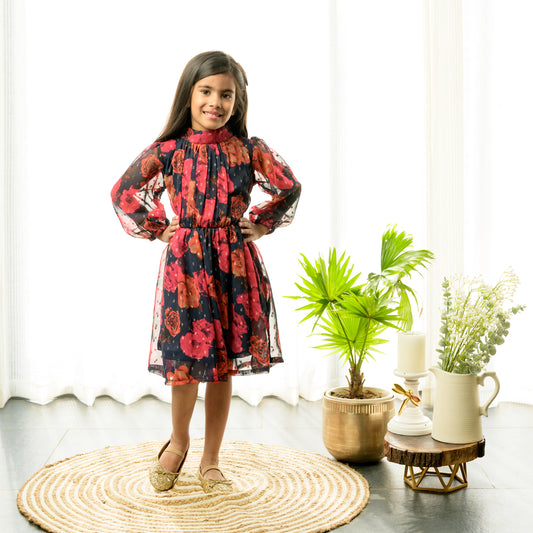 Black Floral Fit And Flare Dress