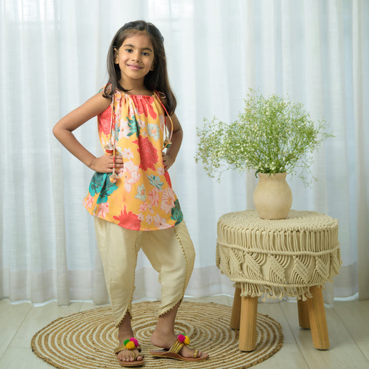 Floral Drawstring Kurta With Cream Dhoti Pants