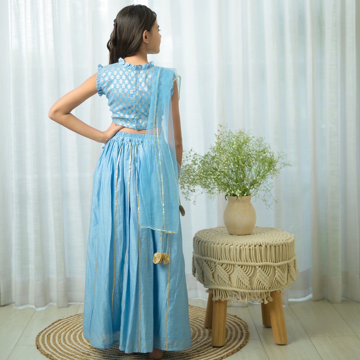 Powder Blue Chanderi Cotton Premium Lehenga With Dupatta