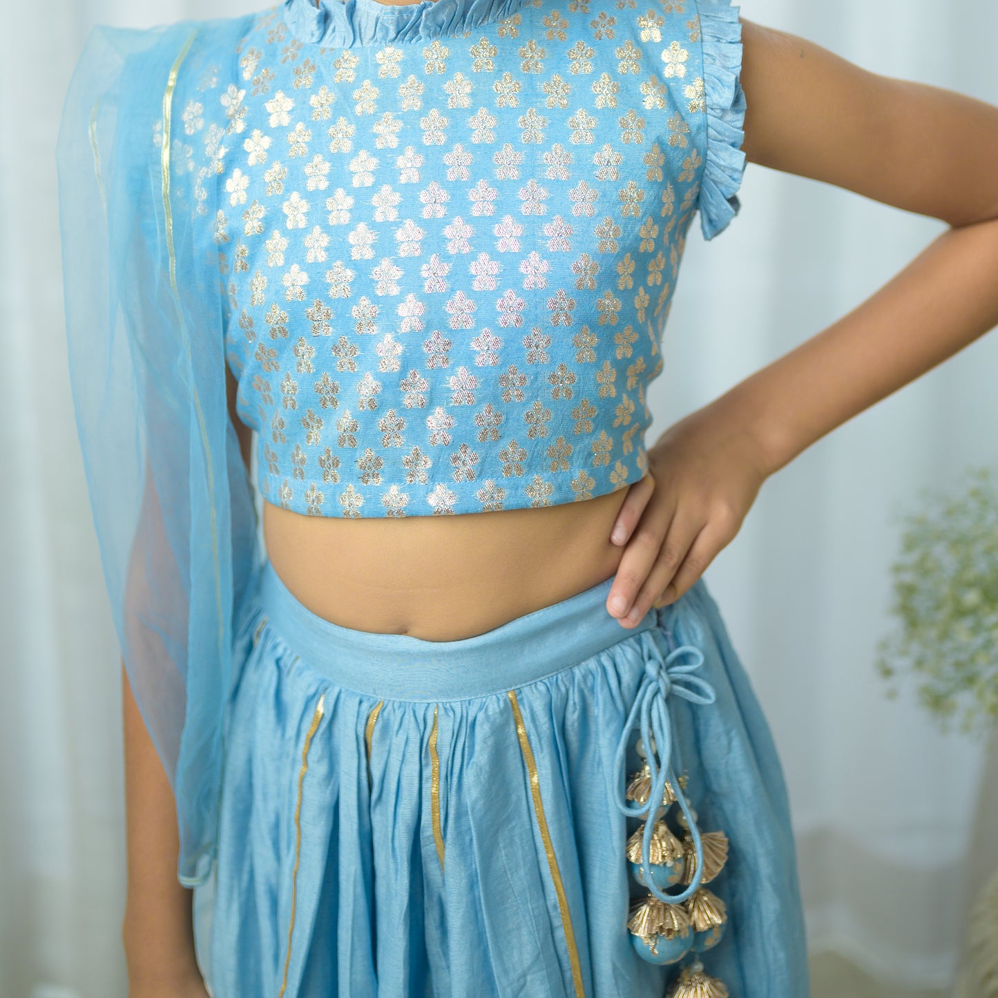 Powder Blue Chanderi Cotton Premium Lehenga With Dupatta