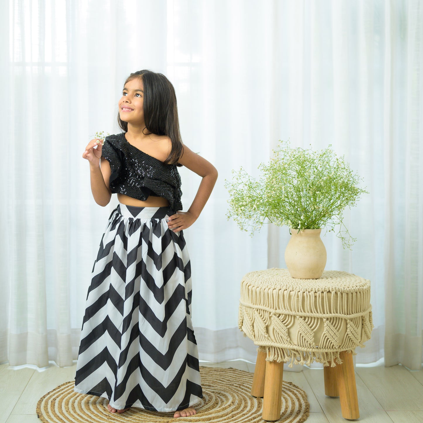 Black And White Chevron Lehenga With Black Sequin Top