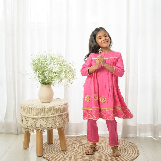 Pink Gota Flared Kurta Set