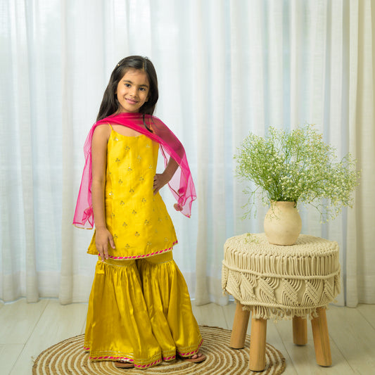 Mustard Yellow Sharara Set With Pink Dupatta