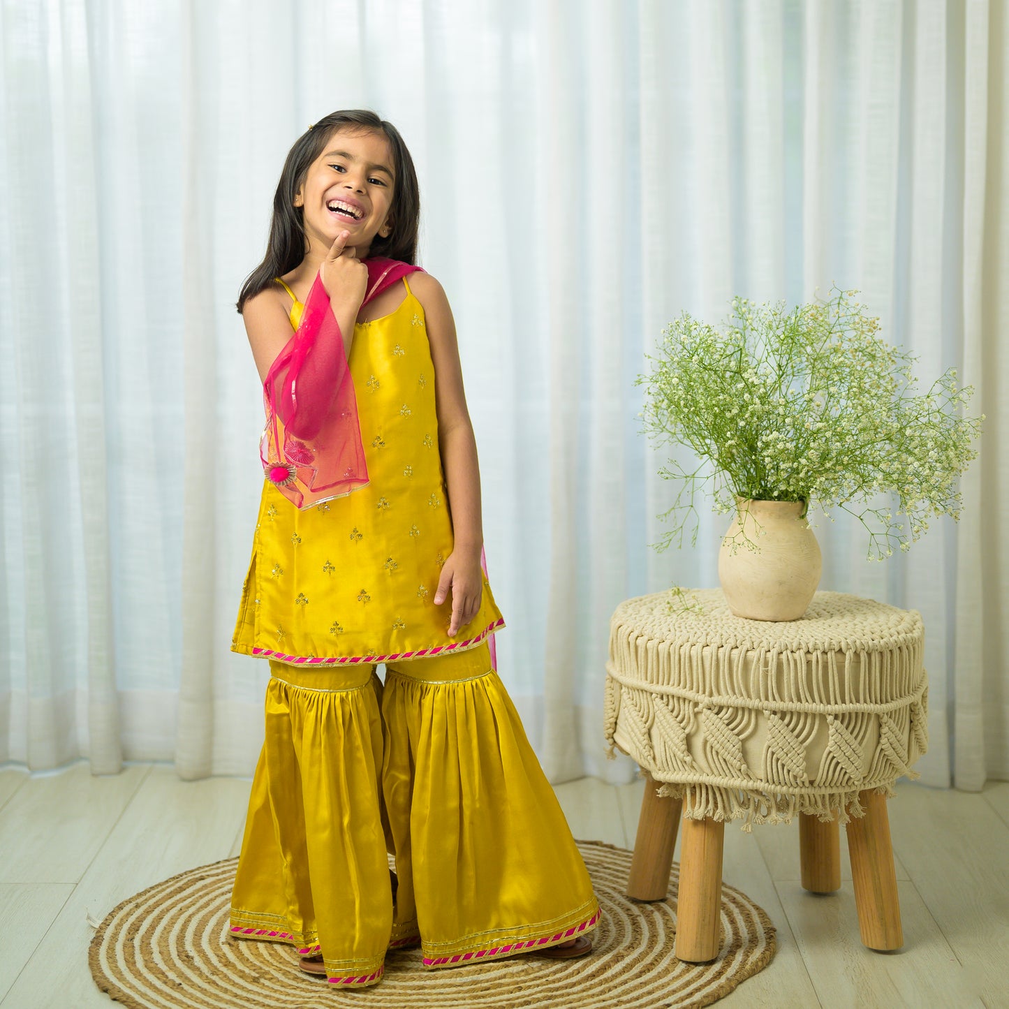 Mustard Yellow Sharara Set With Pink Dupatta