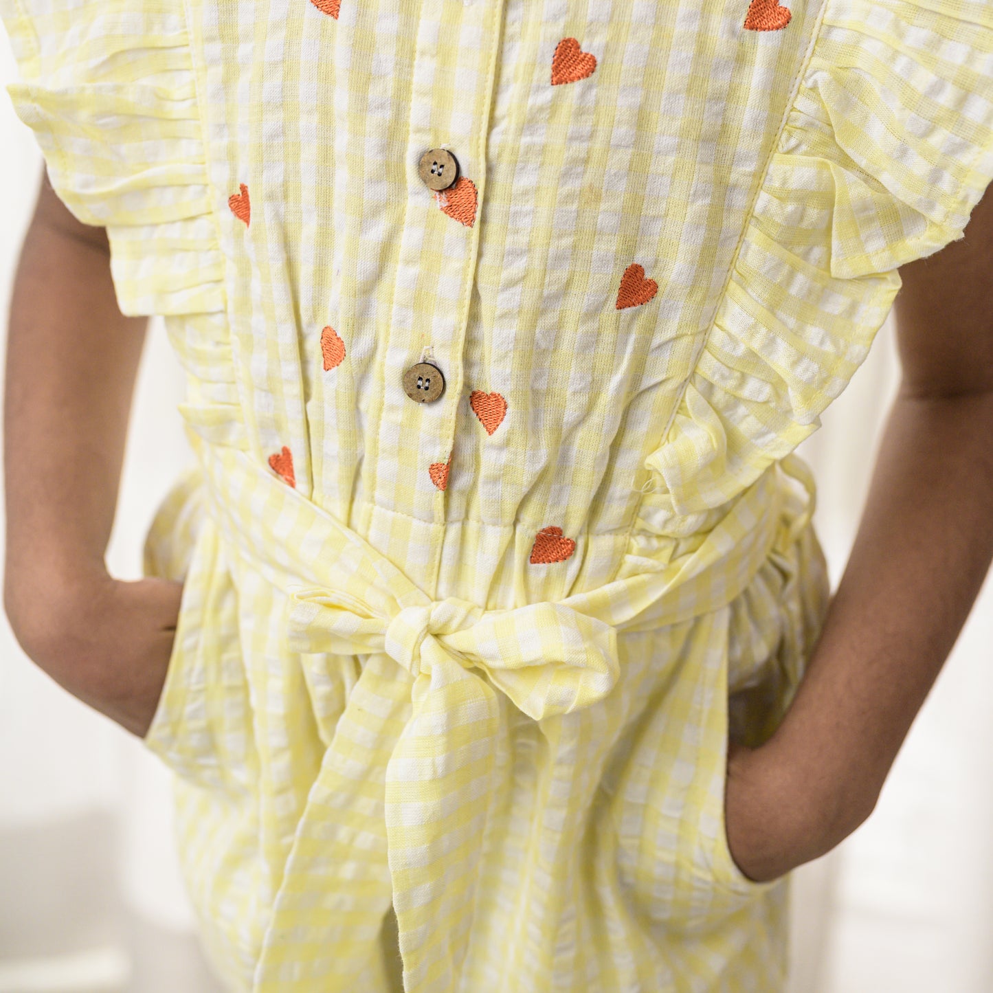 Yellow Checks Cotton Jumpsuit With Hearts