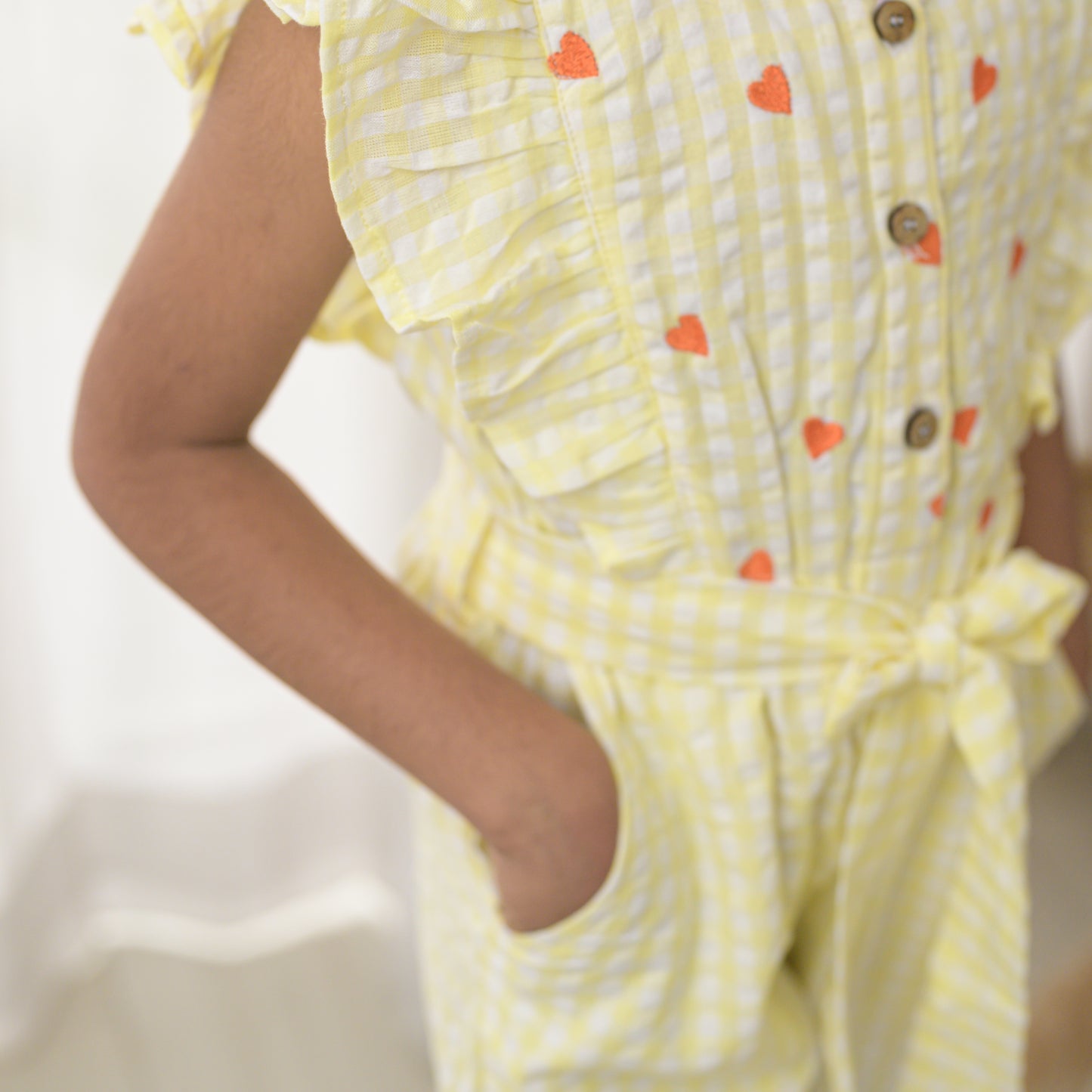 Yellow Checks Cotton Jumpsuit With Hearts