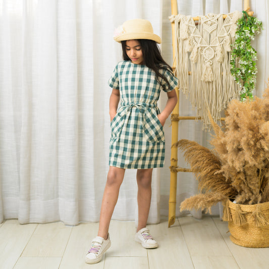 Green Checks Cotton Dress With Pockets