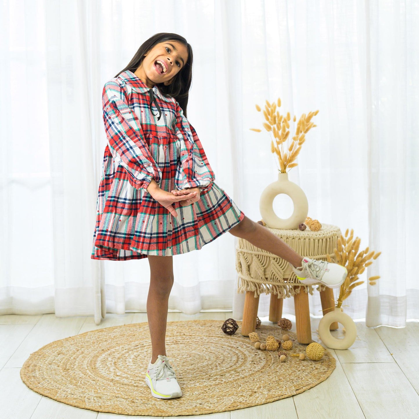 Red and White Plaid Dress with Flounced Sleeves