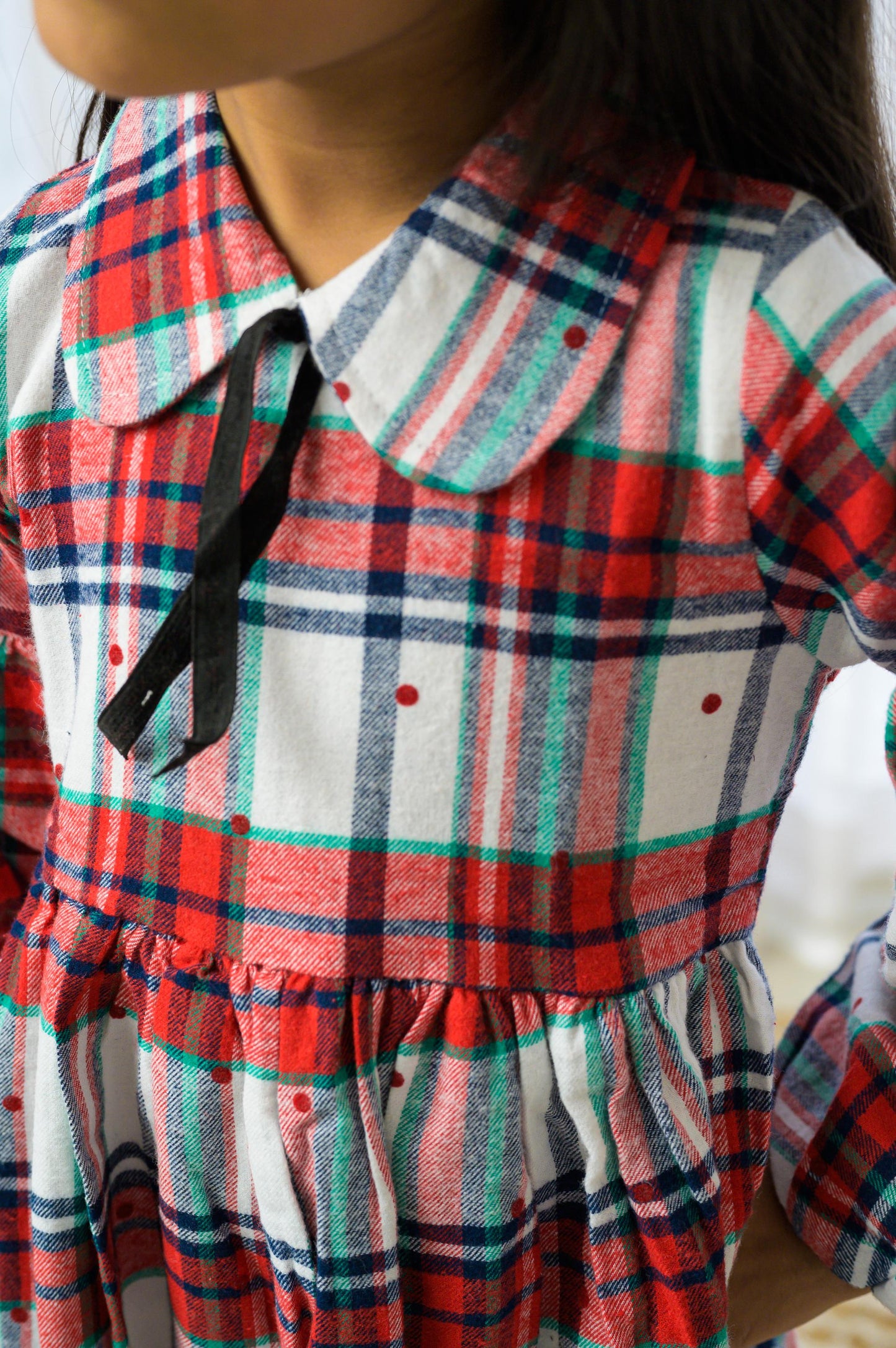 Red and White Plaid Dress with Flounced Sleeves