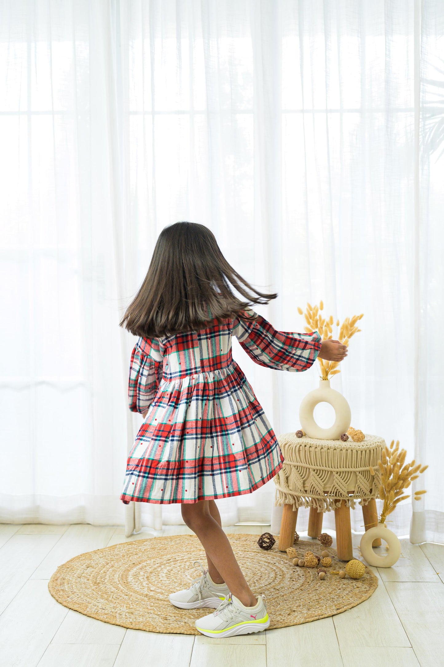 Red and White Plaid Dress with Flounced Sleeves