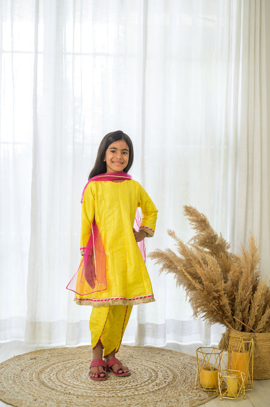 Yellow Kalidar kurta Dhoti Set with Dupatta