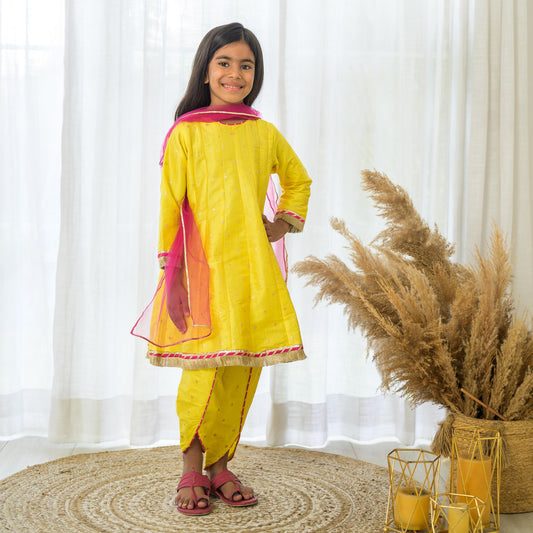 Yellow Kalidar kurta Dhoti Set with Dupatta