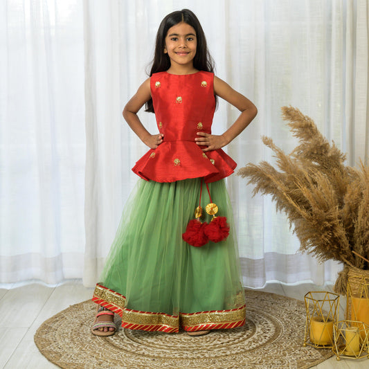 Red Peplum Embroidered top with lehenga Set