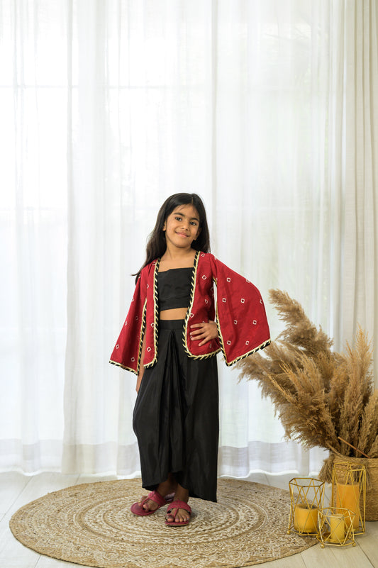 Designer Black Dhoti Set With Slit Sleeves  Bandhani Jacket