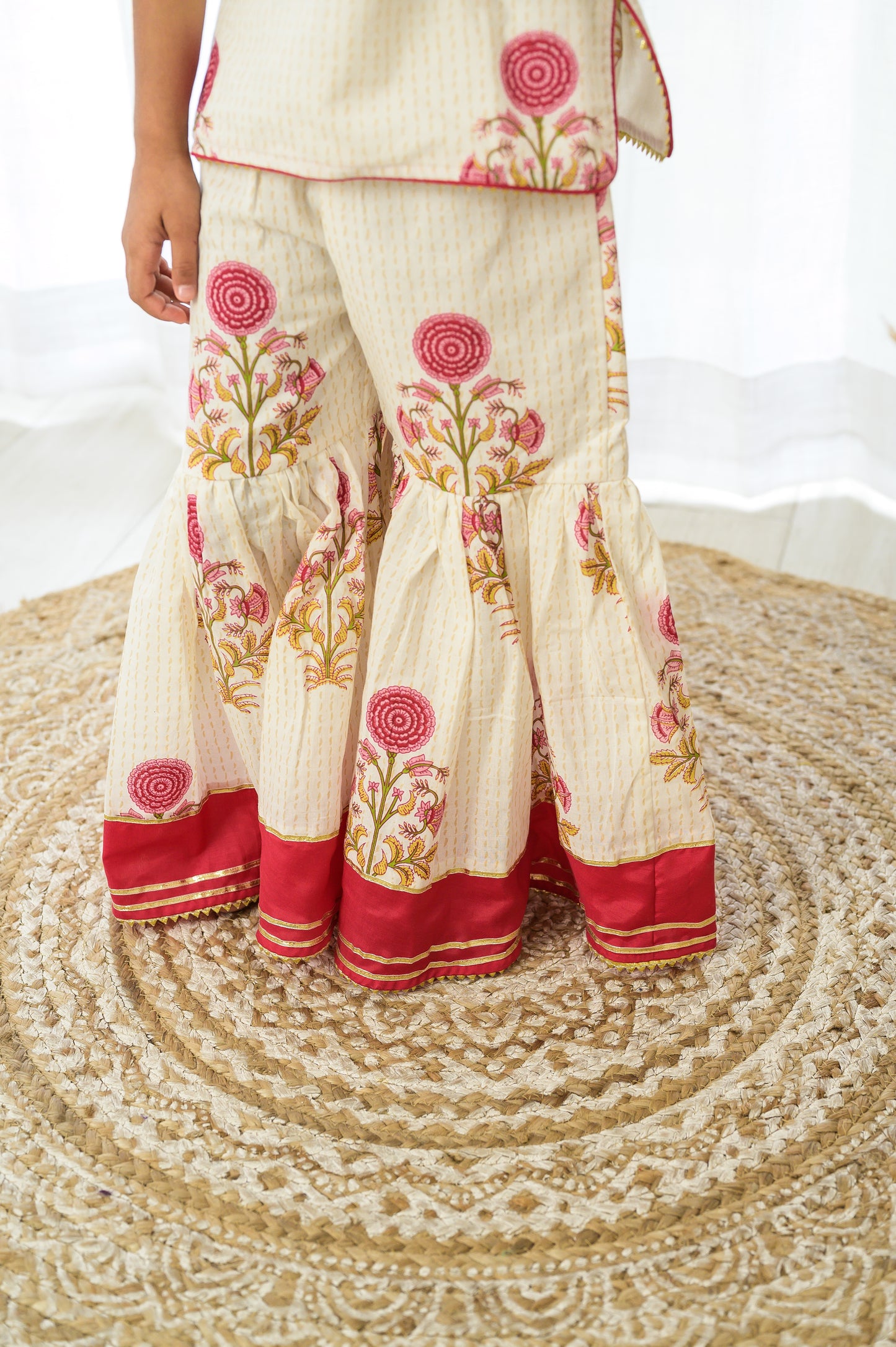 Cream and Maroon Cotton Sharara Set With Dupatta