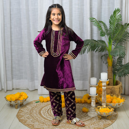 Velvet With Full Sleeve ad Embroidery At Pant Ethnic-Purple