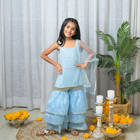 Blue Satin Sleeveless Kurta With Sharara Set