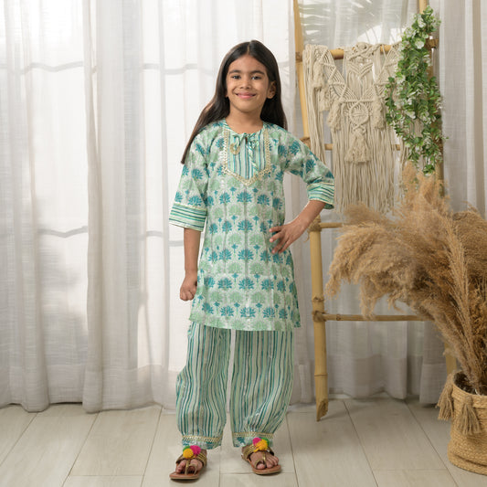 Green Cotton Salwar Kurta Sets With Afghan Pants