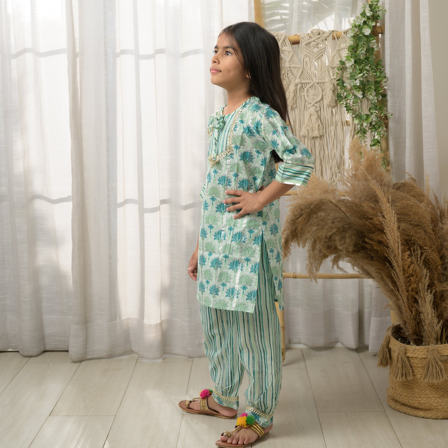 Green Cotton Salwar Kurta Sets With Afghan Pants