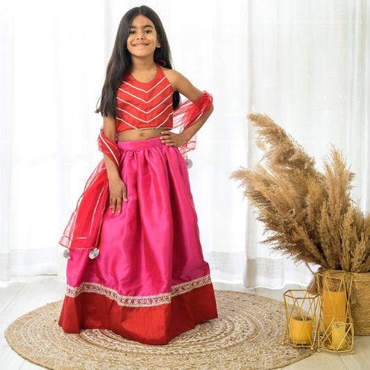 Red and Pink Halter Lehenga Set with Dupatta