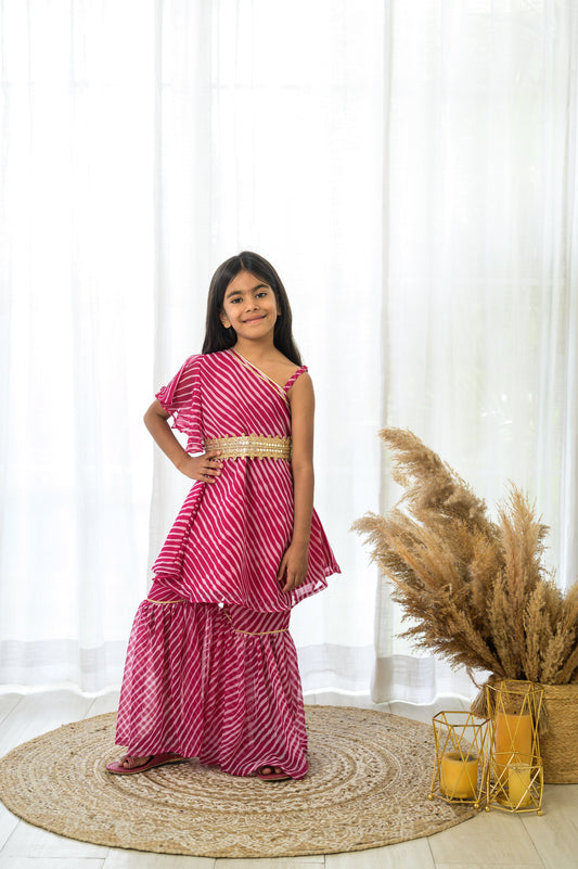 One shoulder Pink Leheriya Sharara Set with Fancy Belt