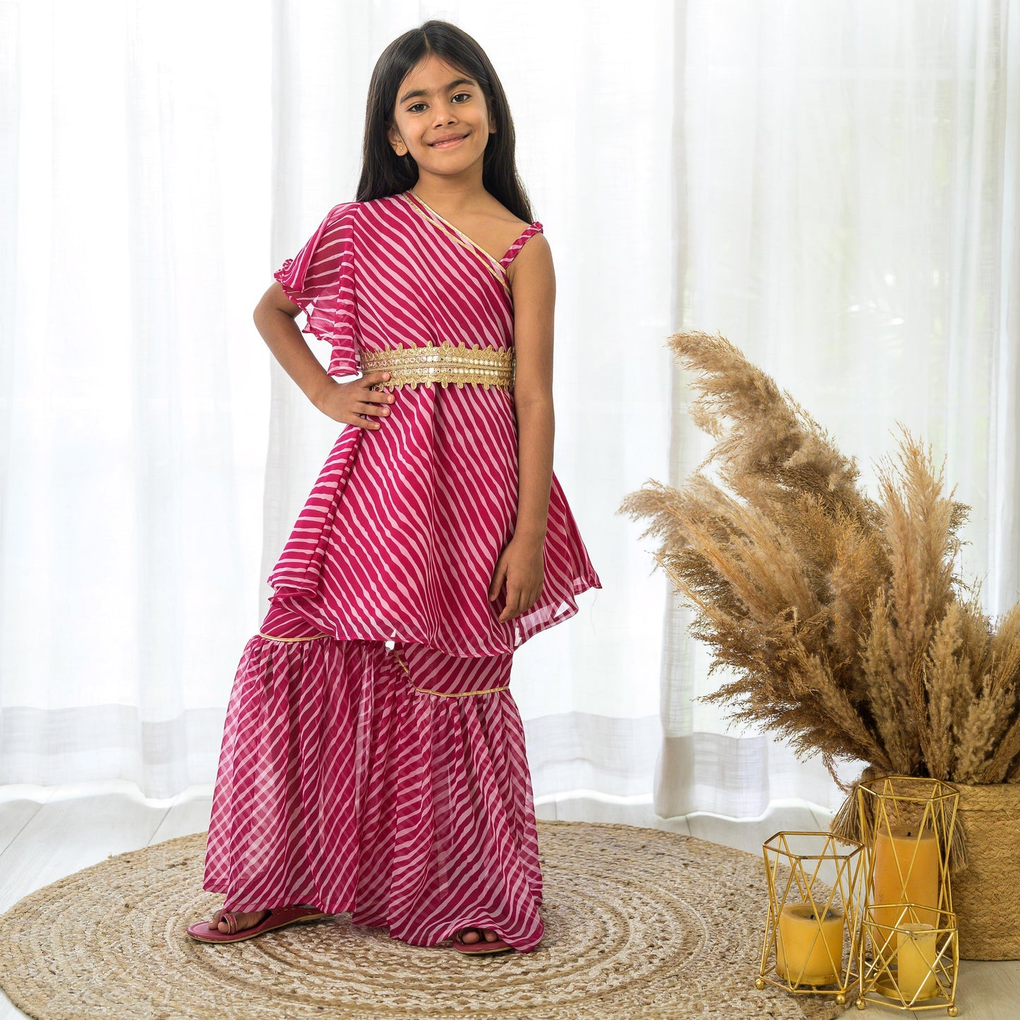 One shoulder Pink Leheriya Sharara Set with Fancy Belt