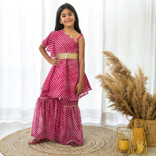 One shoulder Pink Leheriya Sharara Set with Fancy Belt