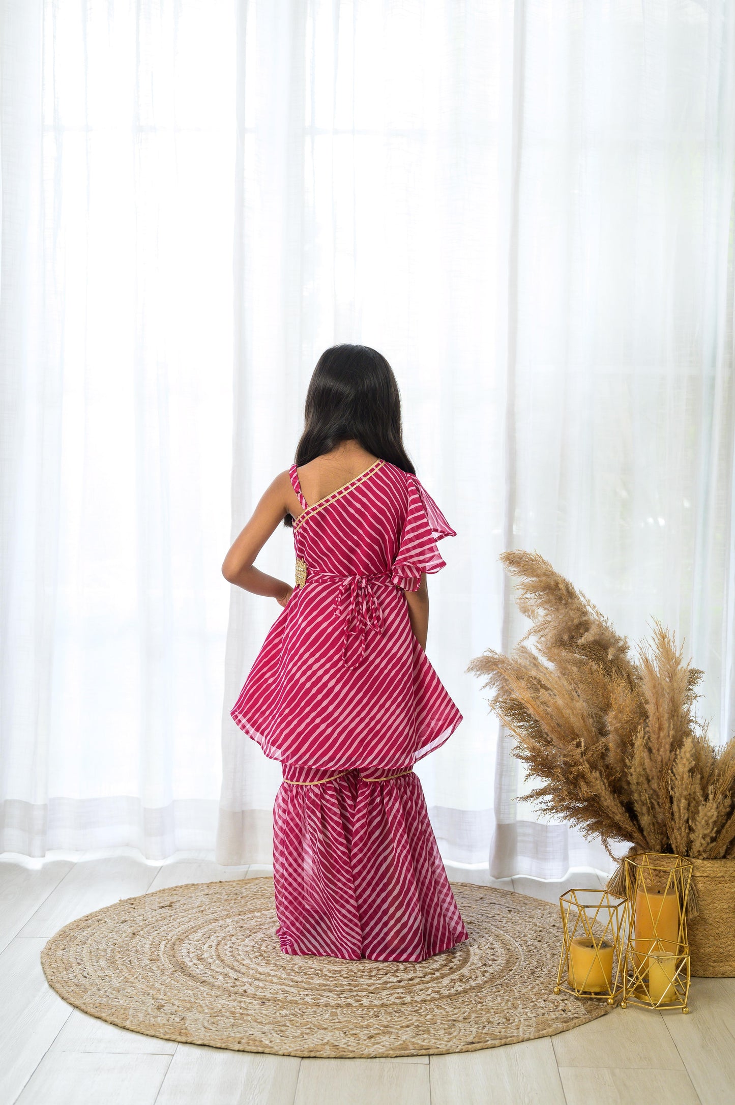 One shoulder Pink Leheriya Sharara Set with Fancy Belt