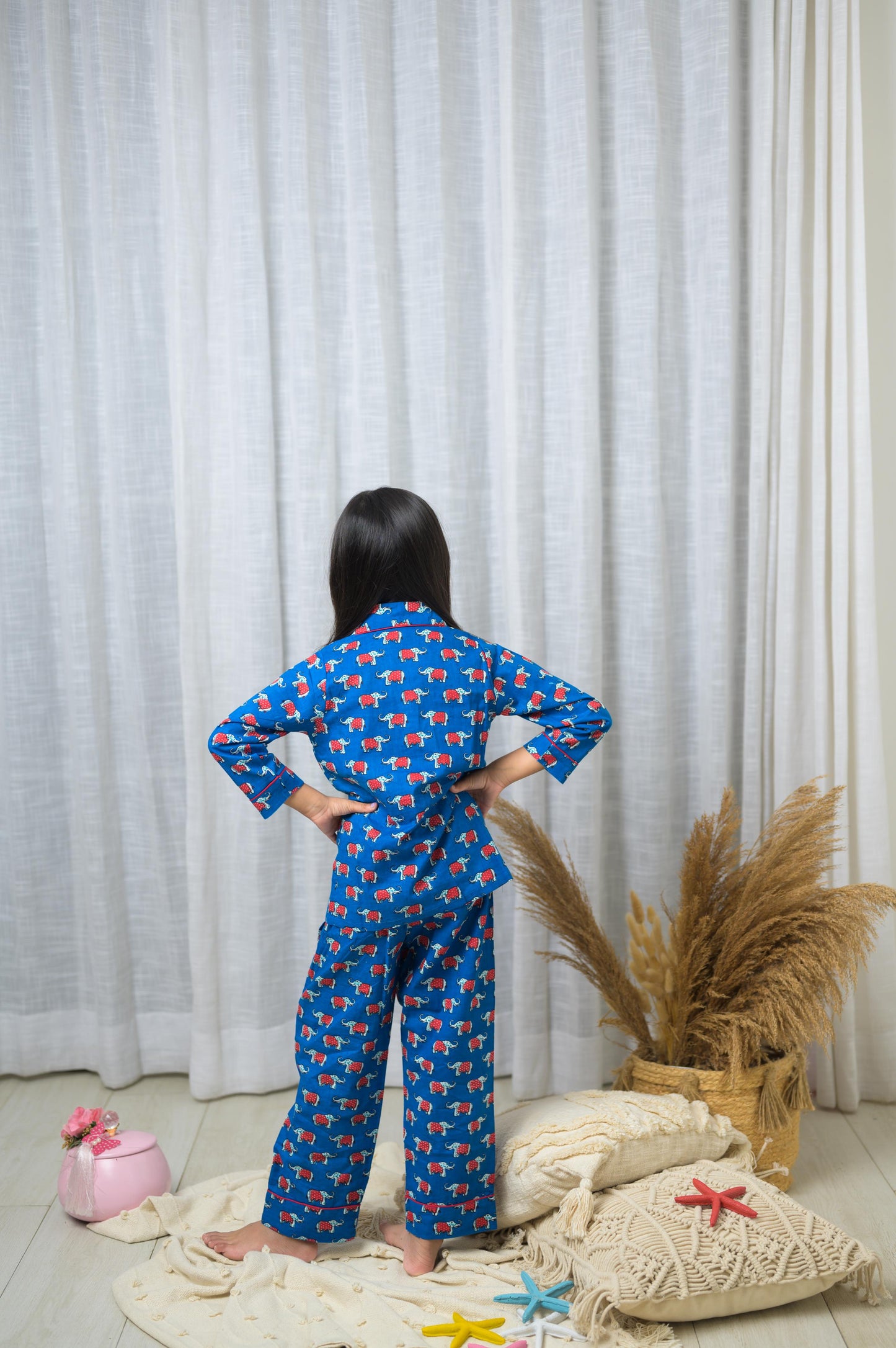 Cotton Elephant Print  Full Sleeve Night Dress-Blue