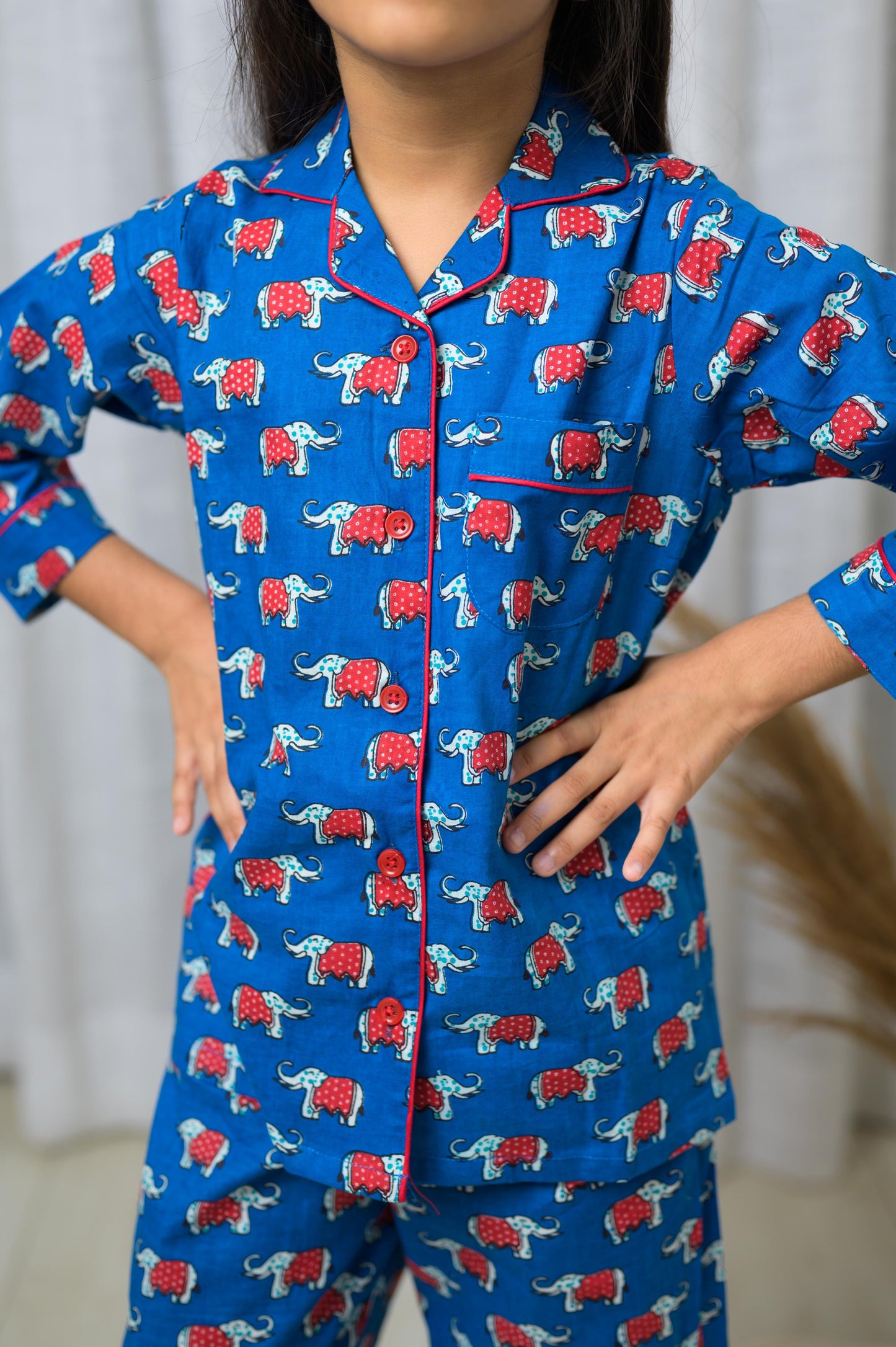 Cotton Elephant Print  Full Sleeve Night Dress-Blue