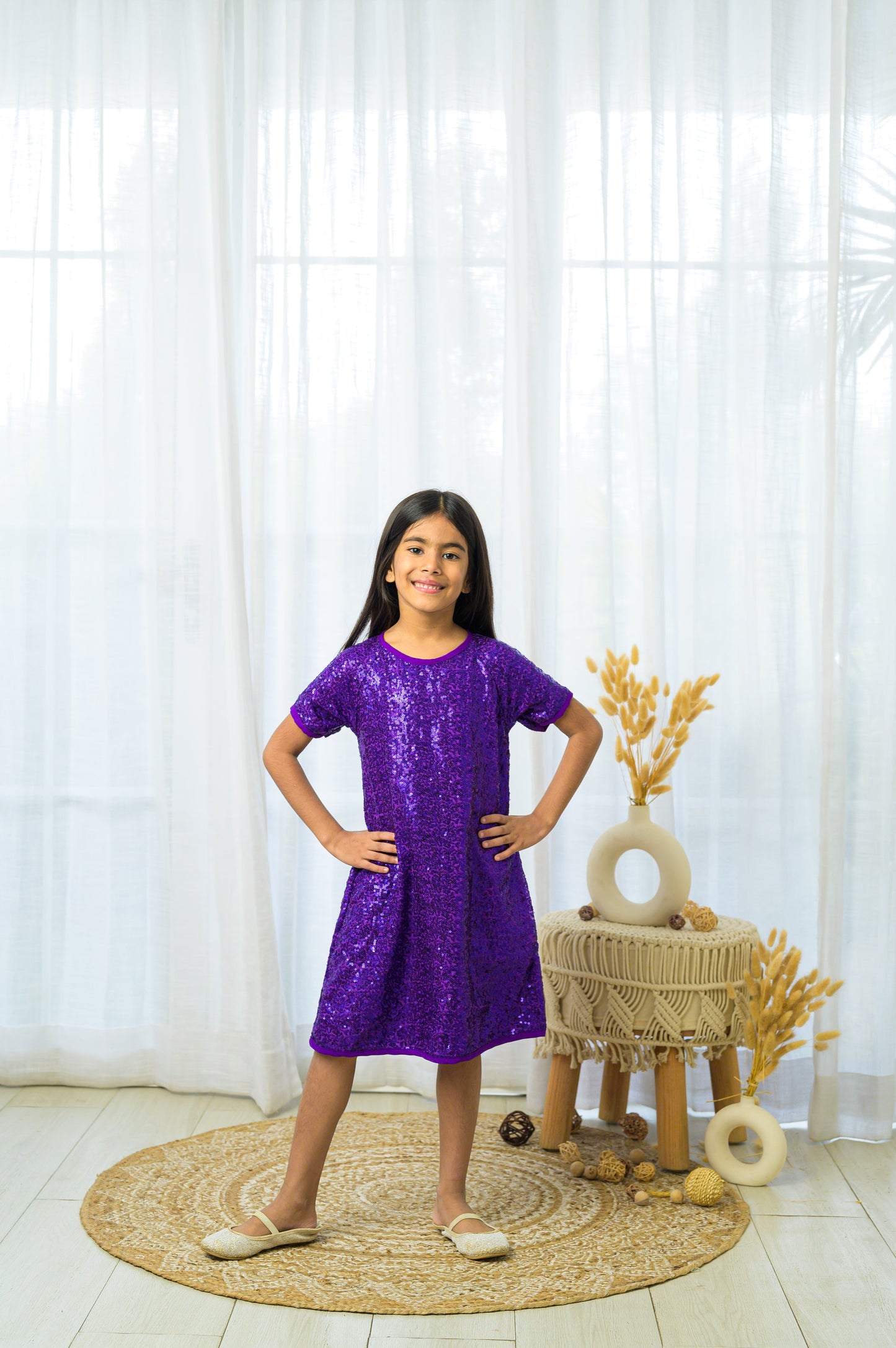 Sequence Half Sleeves Party Dress- Purple