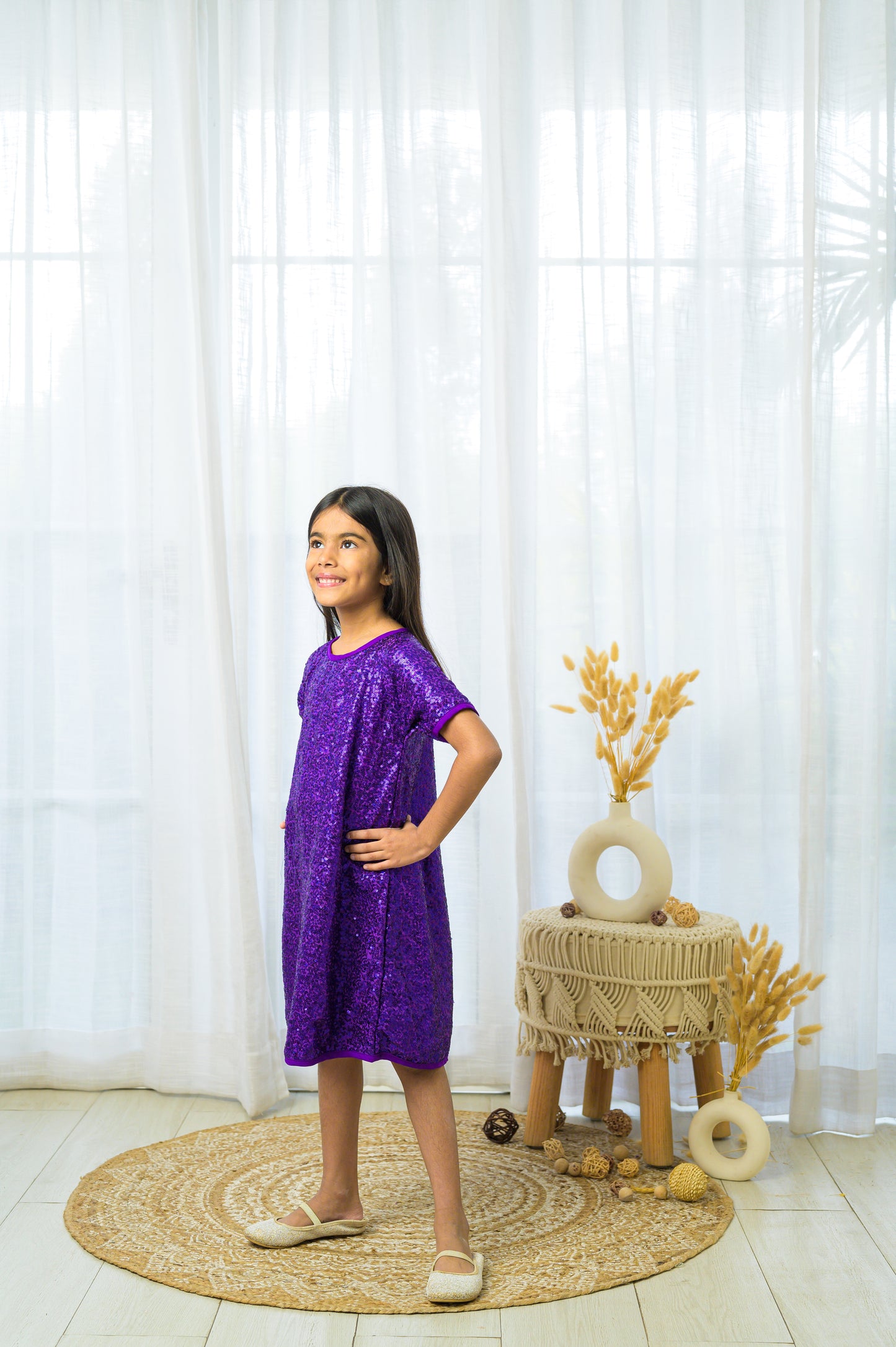 Sequence Half Sleeves Party Dress- Purple