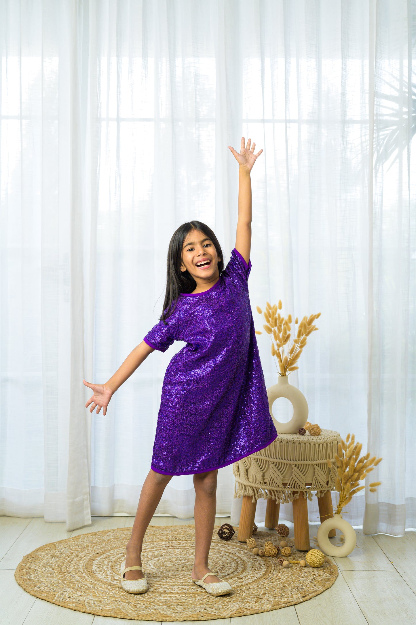 Sequence Half Sleeves Party Dress- Purple