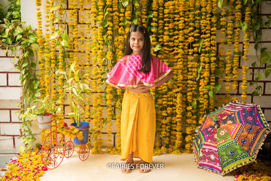 Cape Top with Dhoti Skirt-Pink and Yellow Set