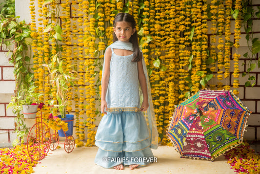 Checkered Print Sleeveless Blue Kurta With Pajama Set