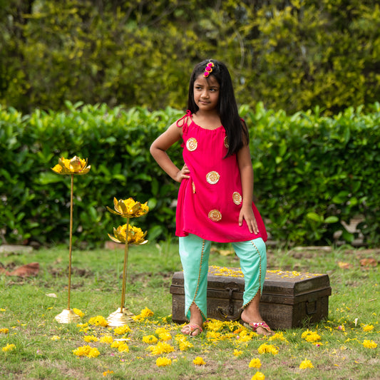 Drawstring Pink Kurta and Green Dhoti Set