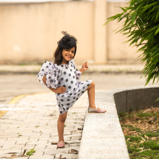 Polka Dot Puffed Sleeves Gray Dress