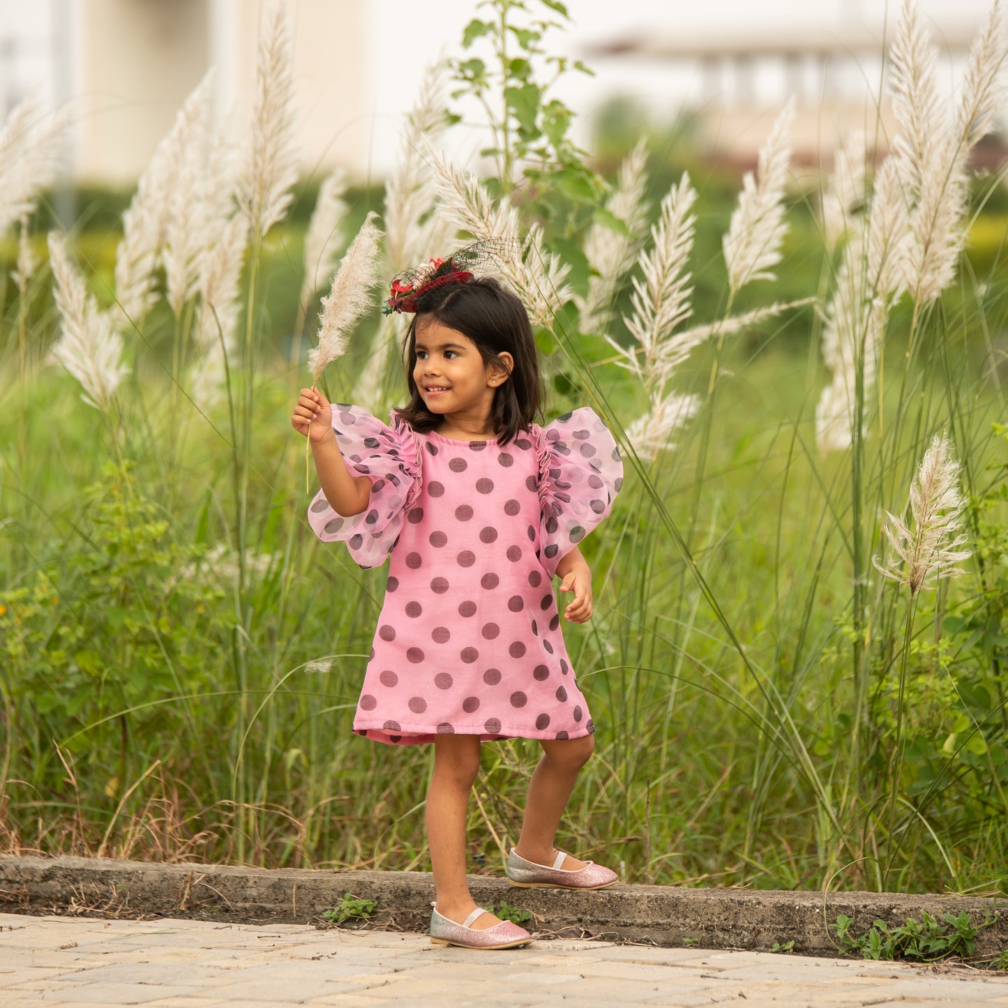 Polka Dot Puffed Sleeves Pink Dress