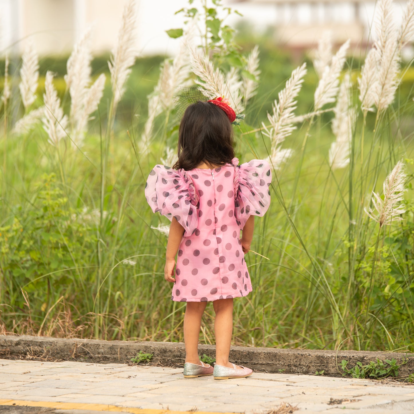 Polka Dot Puffed Sleeves Pink Dress