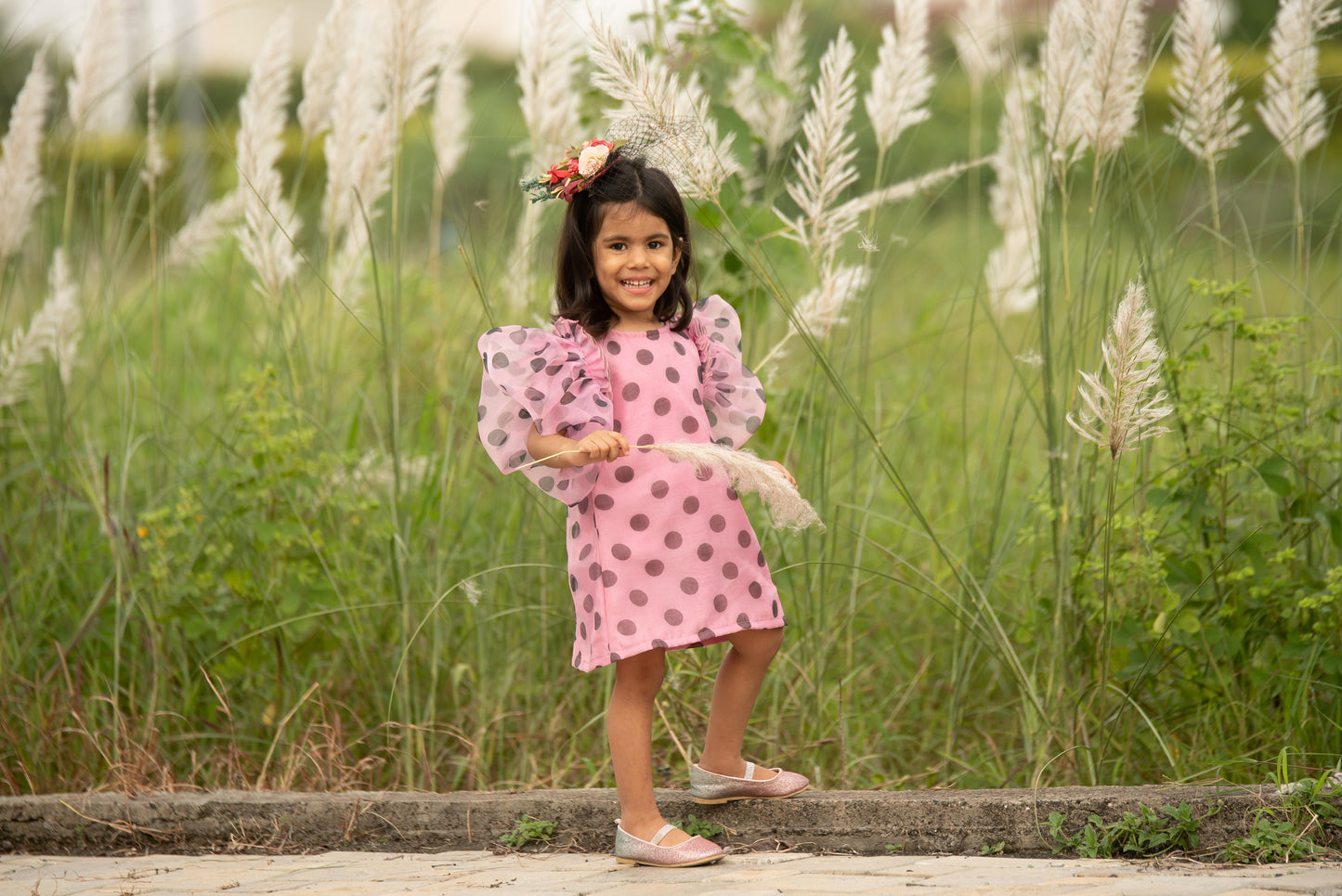 Polka Dot Puffed Sleeves Pink Dress