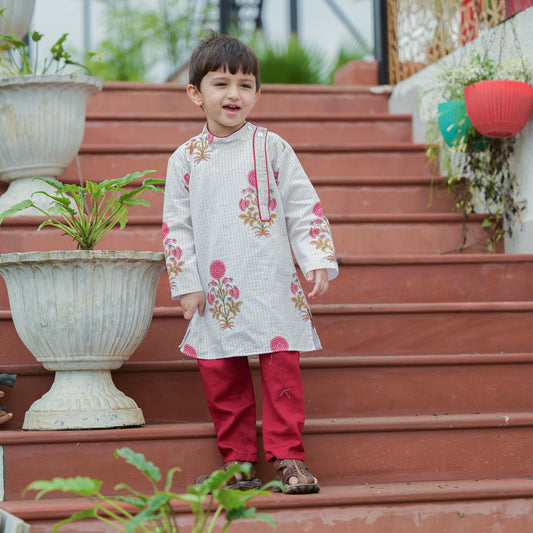 Block Print Cotton Kurta With Maroon Pants