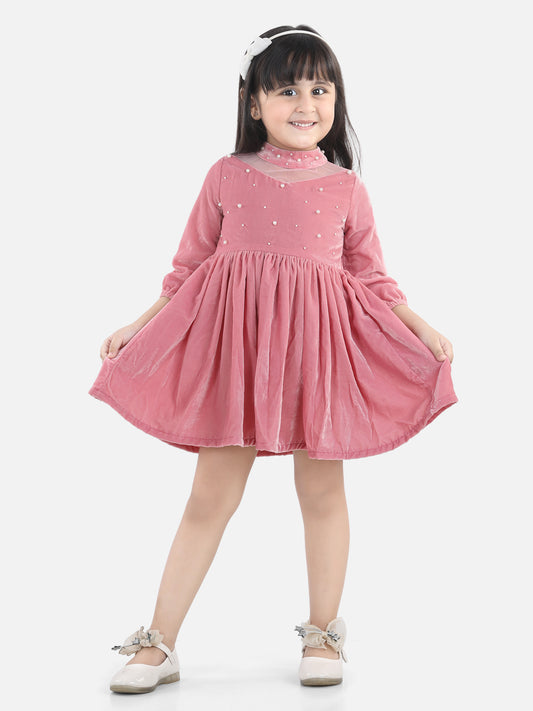 Pink Full Sleeve Solid Party Dress