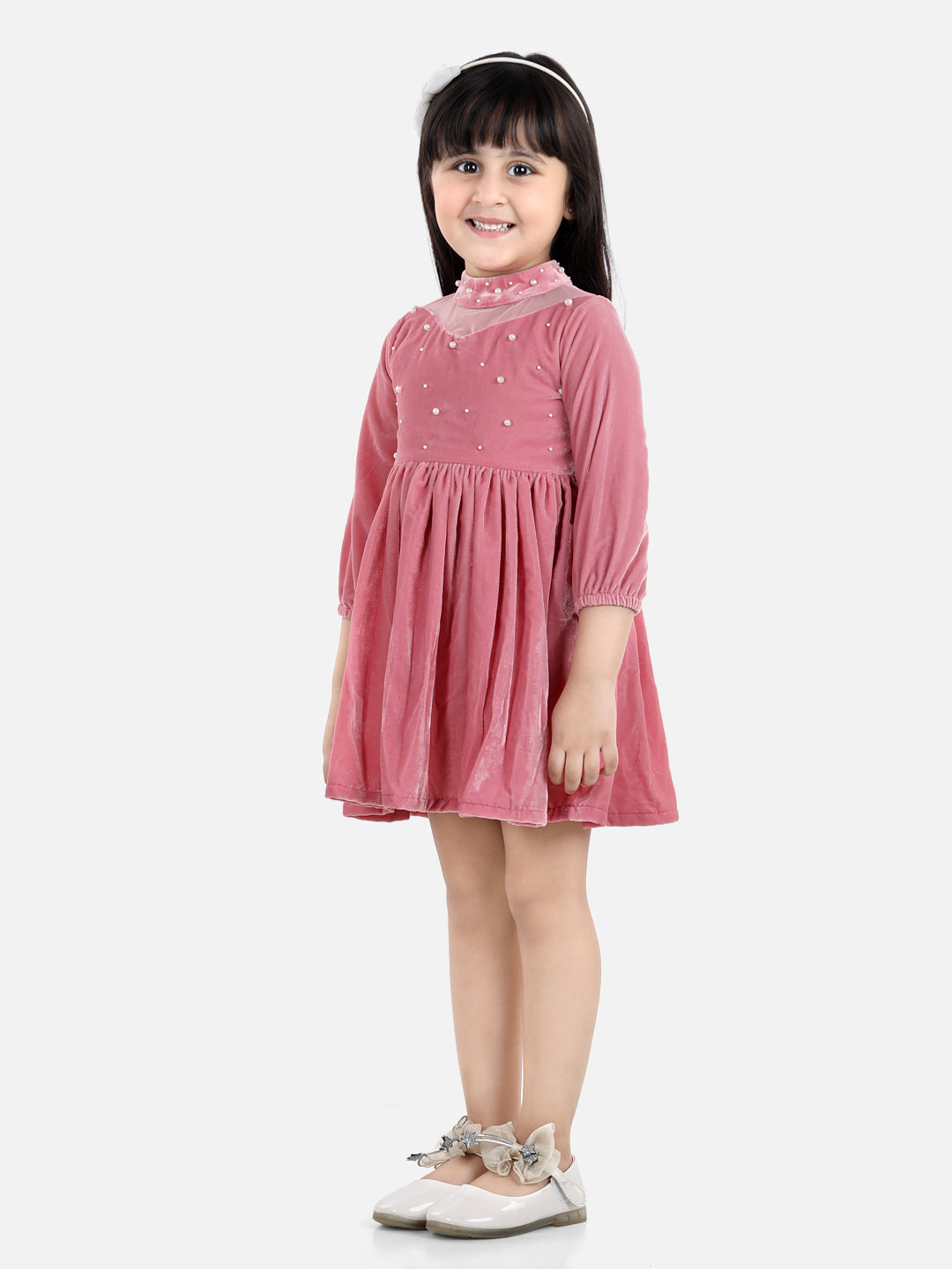 Pink Full Sleeve Solid Party Dress