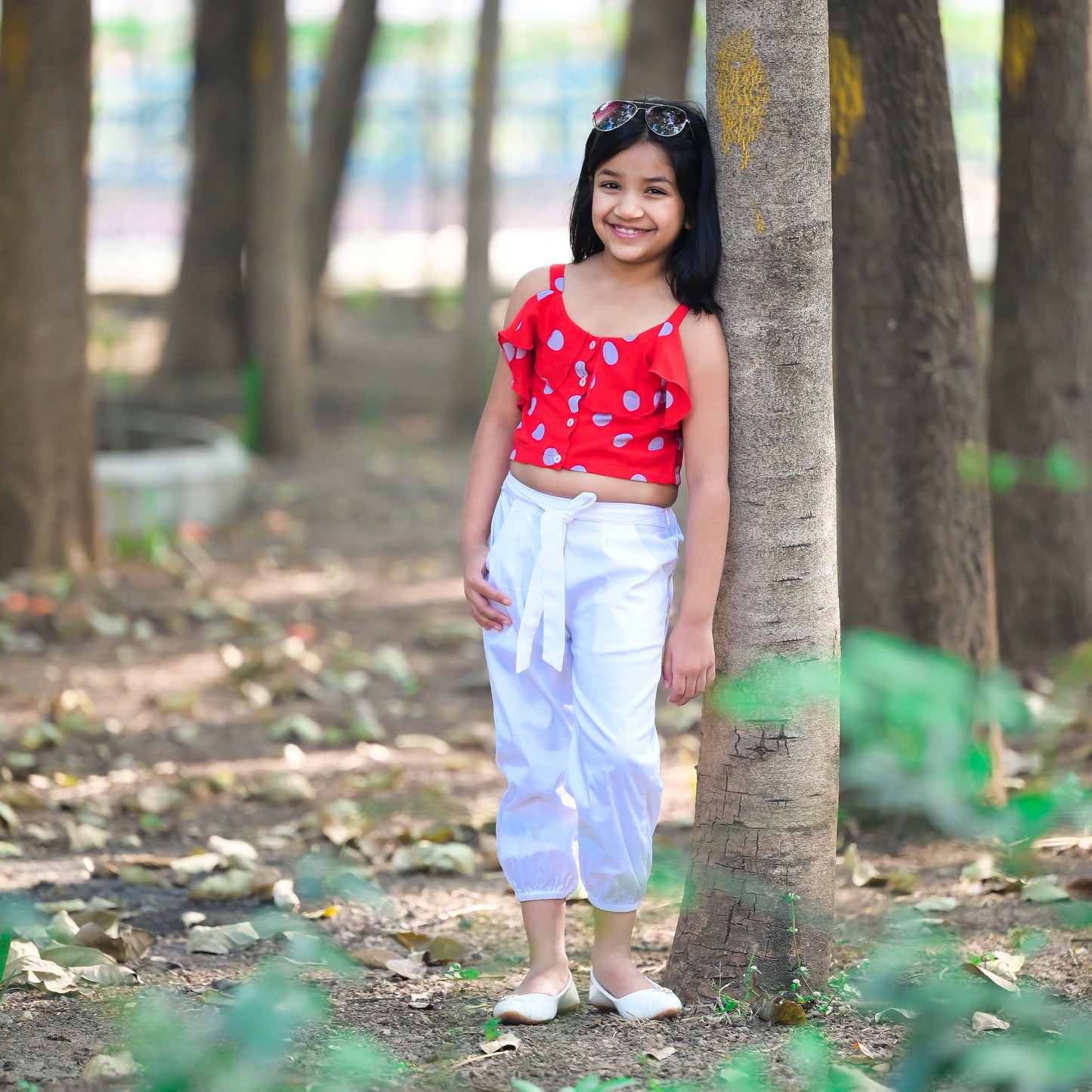 Red Polka Dot Top and White Pant Set