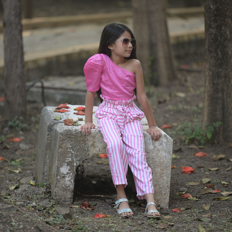 Pink One Shoulder Top with Pink Stripes Pants