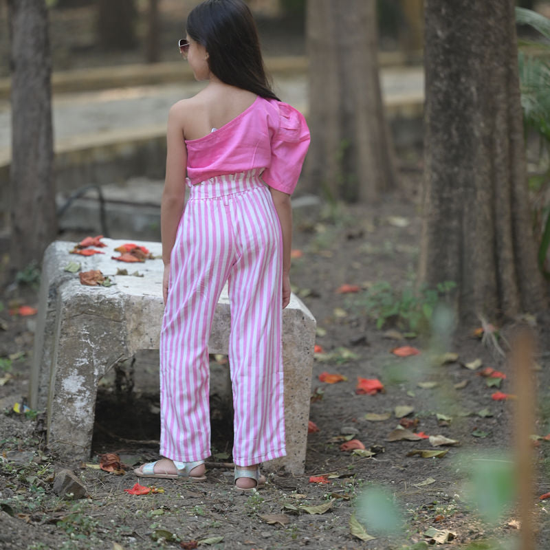 Pink One Shoulder Top with Pink Stripes Pants